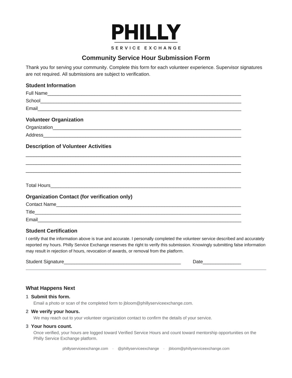 Community Service Hour Submission Form preview